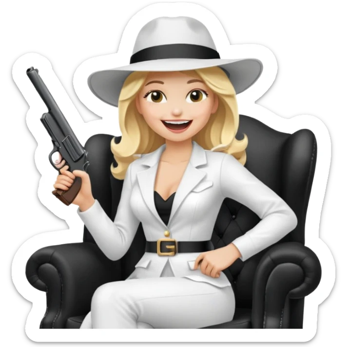 Mafia blondes Laughter lol woman in hat , gun ,black armchair , white costume  sticker