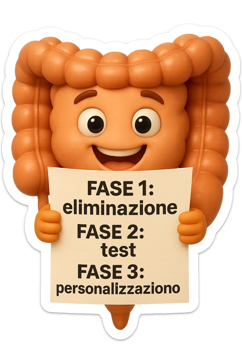 emoji stile iphone 3d di un intestino che tiene in mano un foglio con la scritta "FASE 1: eliminazione, FASE 2: test, FASE 3: personalizzazione, IPERREALISTICO 4K sticker