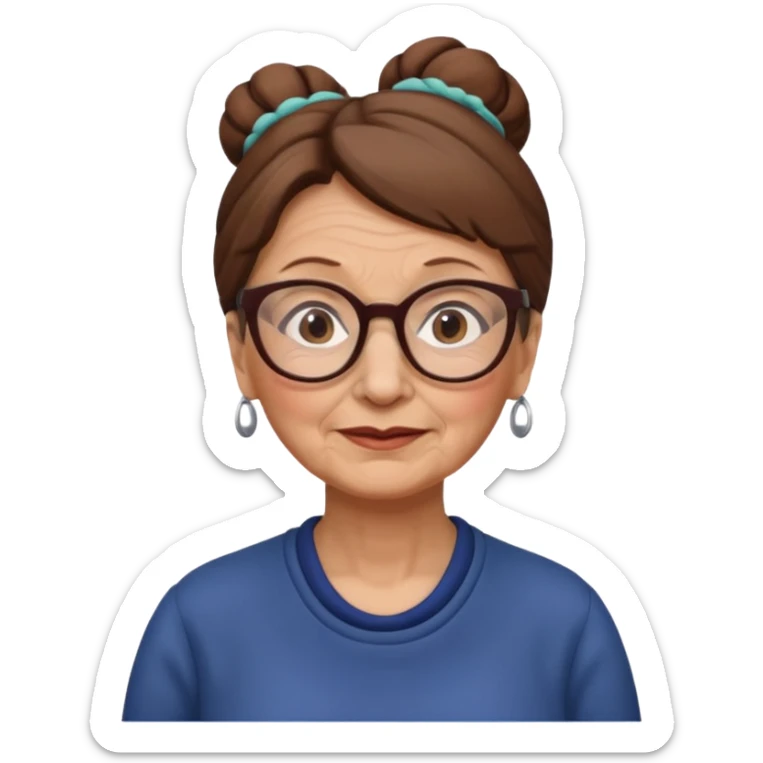 Old woman with brown hair in one bun and glasses, white European sticker