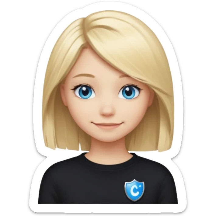 a new character a girl with shoulder length blonde hair wearing black clothes and wearing a cheeky smile she has blue eyes her black sweater has an emo style badge sticker