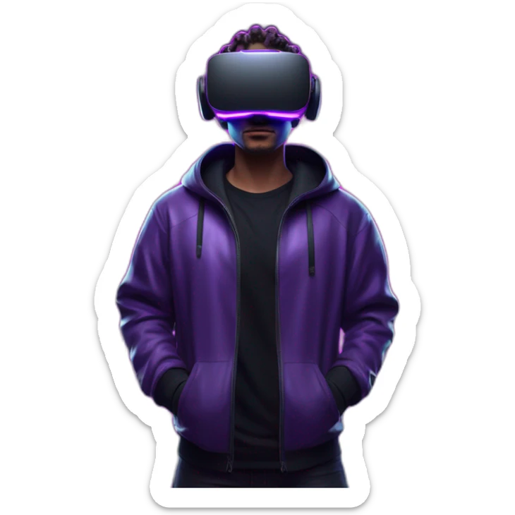 Cyberpunk style. Violet neon. White skin man in the black hoody with violet OMG VR logo on it. Man in vr headset oculus quest 2 sticker
