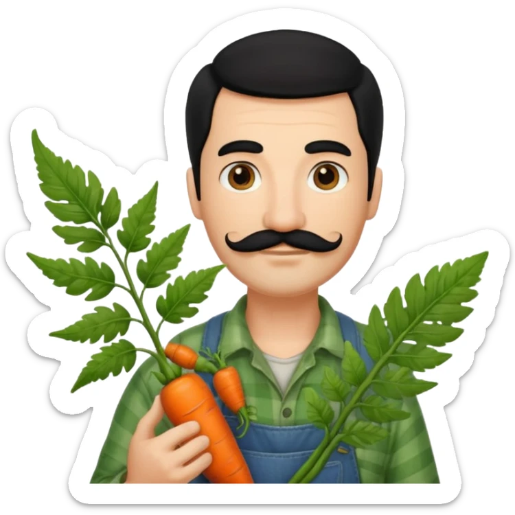 farmer emoji inspired by 🧑‍🌾, holding a fiddlehead fern instead of a carrot, with black hair, a moustache, and a light beard, resembling the attached reference photo sticker