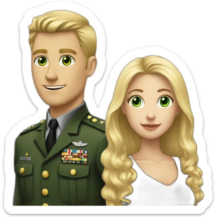 Military blond guy and green eyes blond long hair girl in black dress sticker