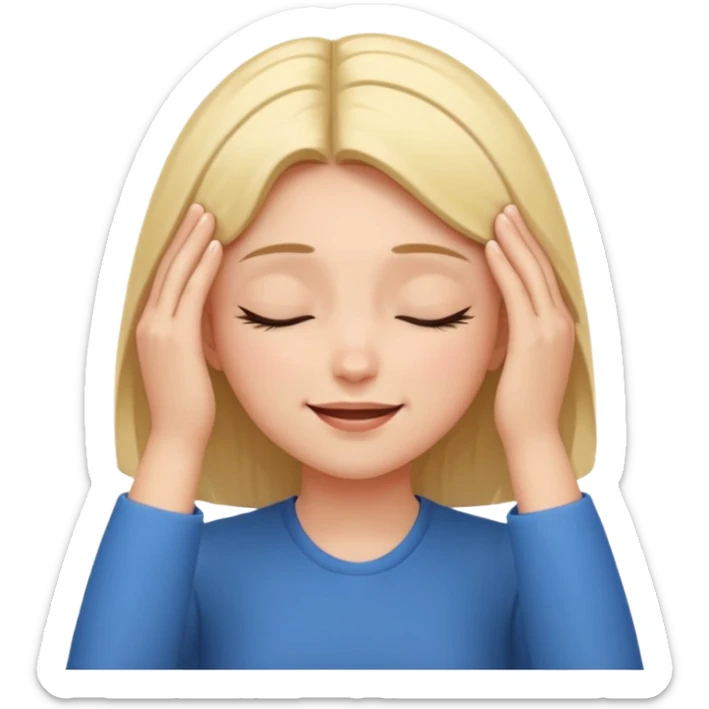 The girl with her eyes closed holds her temples with both hands and smiles slightly sticker