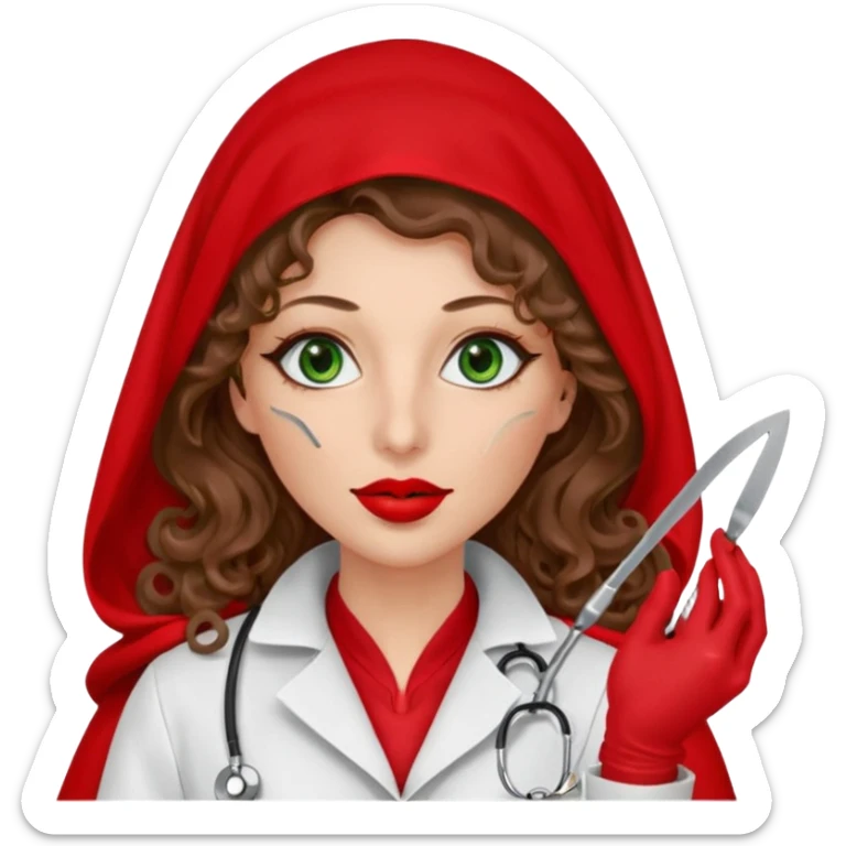 Lilith symbol sexy evil woman. She has green eyes.  had brown long curly hair.  evil surgeon kills with scalpel wears red sexy doctor coat with red mouth cover red gloves. Covers nose, neck  and mouth with Muslim red berka sticker
