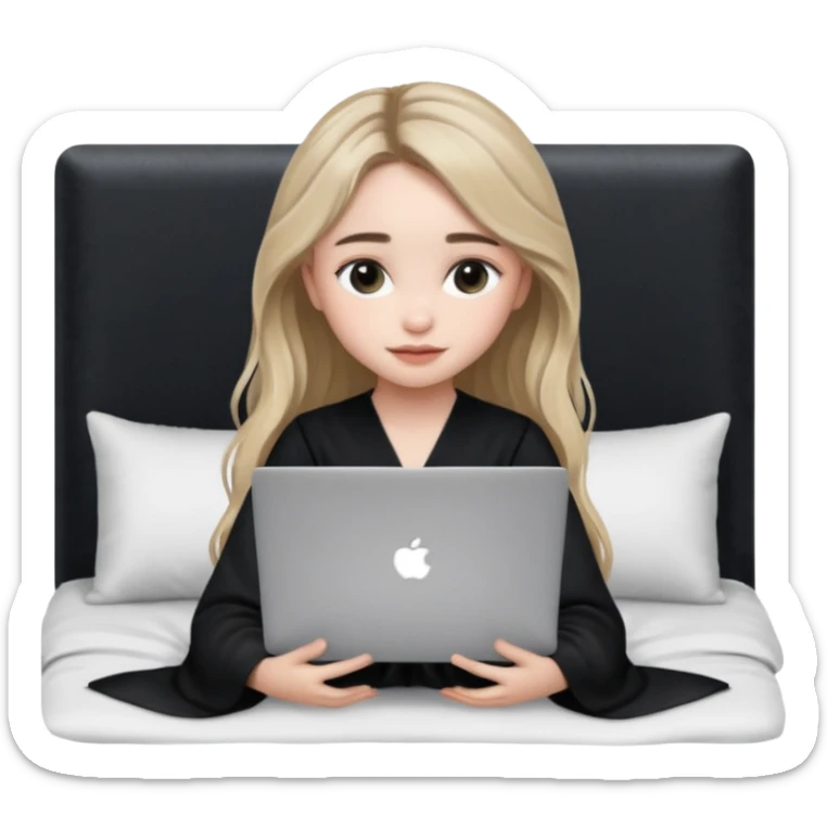 Sabrina carpenter in a black nightdress sitting on a bed with her laptop open  sticker
