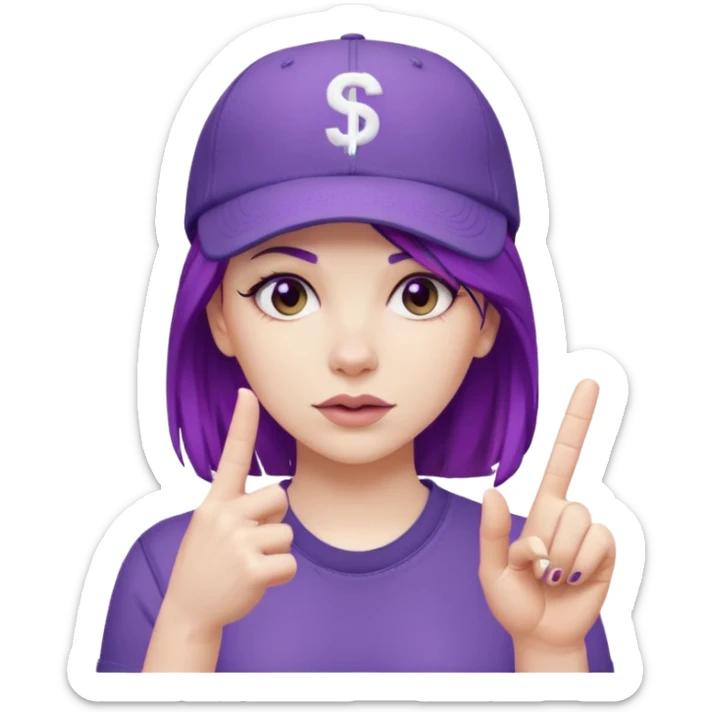 Woman with purple hair flipping middle finger with ball cap on that says stfu sticker