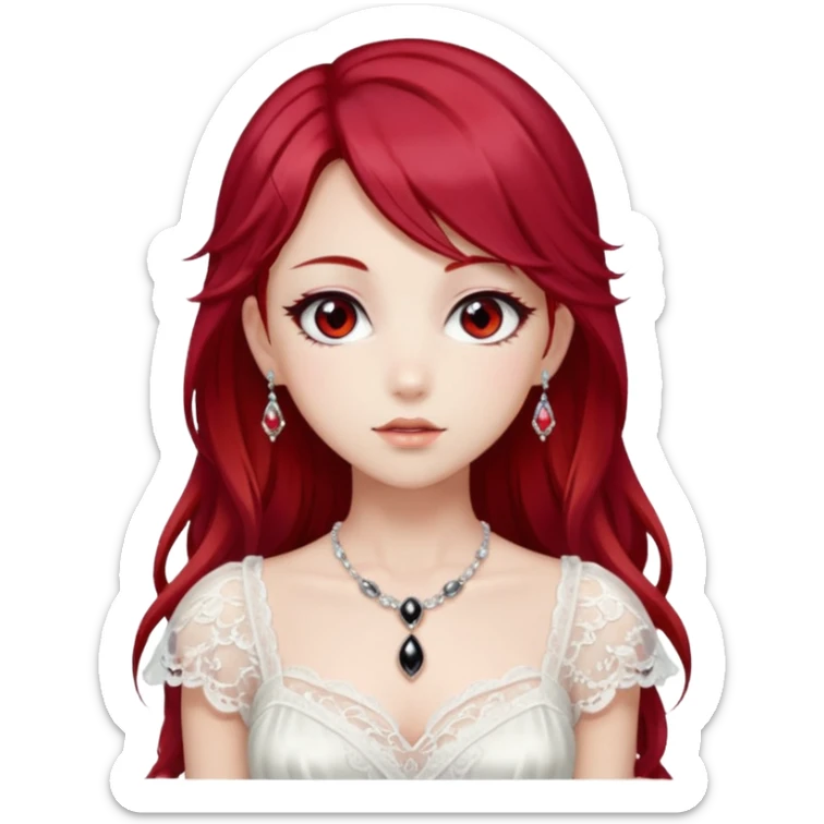 Beautiful shiny ethereal Gorgeous Anime Lady with dark hair and red hair streaks with a beautiful white silky lace dress and rubies and onyx gems  sticker