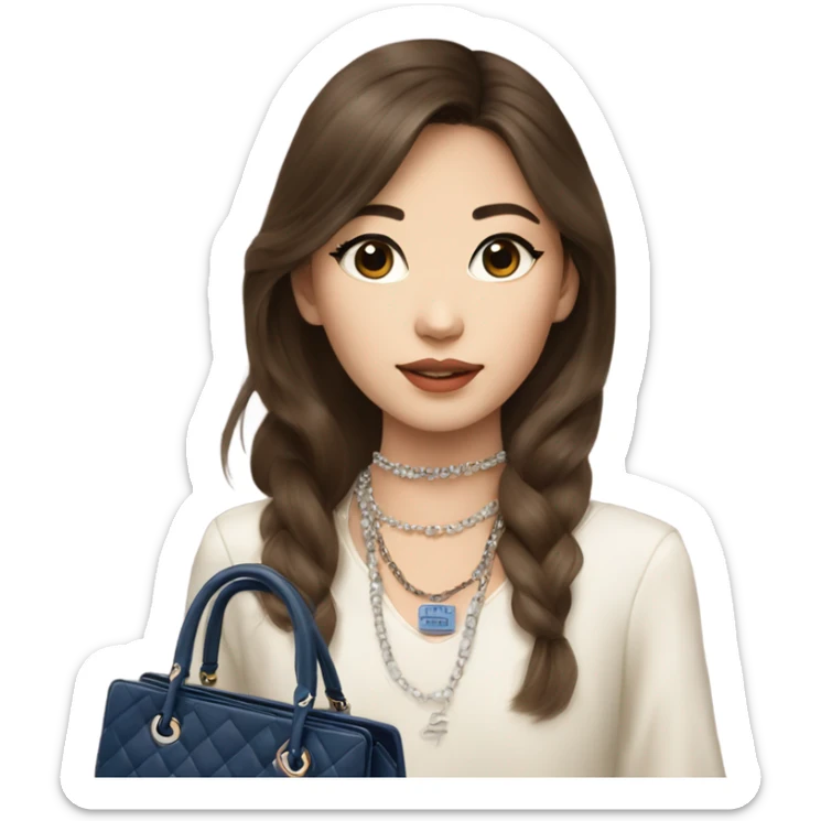Realistic brown hair blue eyes Chanel Asian Girl with Birkin bag and Chanel necklace sticker