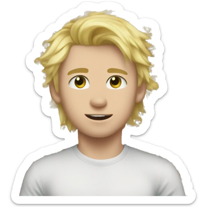 A white kid with blonde hair thats kinda messy  thats prolly 15 with a six pack flexxing sticker