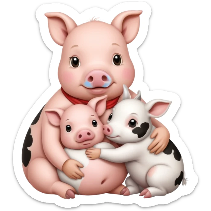 Home of rat, pig as parent hugging  little cow,  adult rabbit  sticker