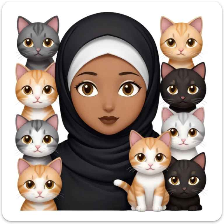 beautiful brown skin hijabi with dark brown eyes and black hijab with six cat (one chubby calico cat, one chubby tabby cat, one tabby cat with left cataract eye, one tabby mix white cat, one black cat and marble tabby kitten) sticker