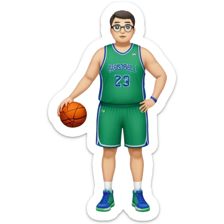 Full Body plus size tall white male with dark short hair basketball player wearing glasses wearing blue  with green uniform sticker