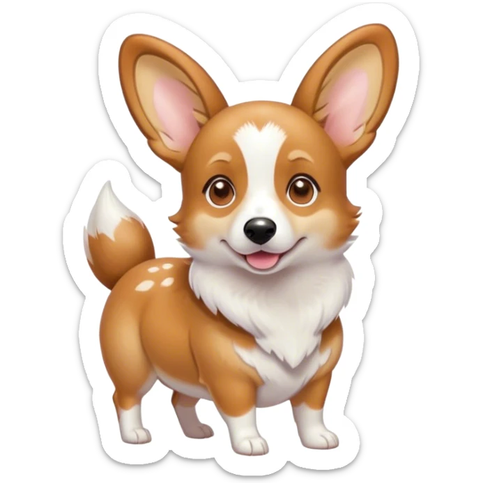 Cinematic Cute Fawn Corgi Portrait Emoji, Head tilted playfully and inquisitively, with a sleek fawn coat adorned with bright white patches and perky ears, round, sparkling brown eyes filled with curiosity, Simplified yet irresistibly adorable features, highly detailed, glowing with a warm, friendly glow, high shine, affectionate and lively, stylized with a touch of whimsy, bright and endearing, soft glowing outline, capturing the essence of a mischievous yet loving pup, so playful it feels like it could bound out of the screen and into your arms! sticker
