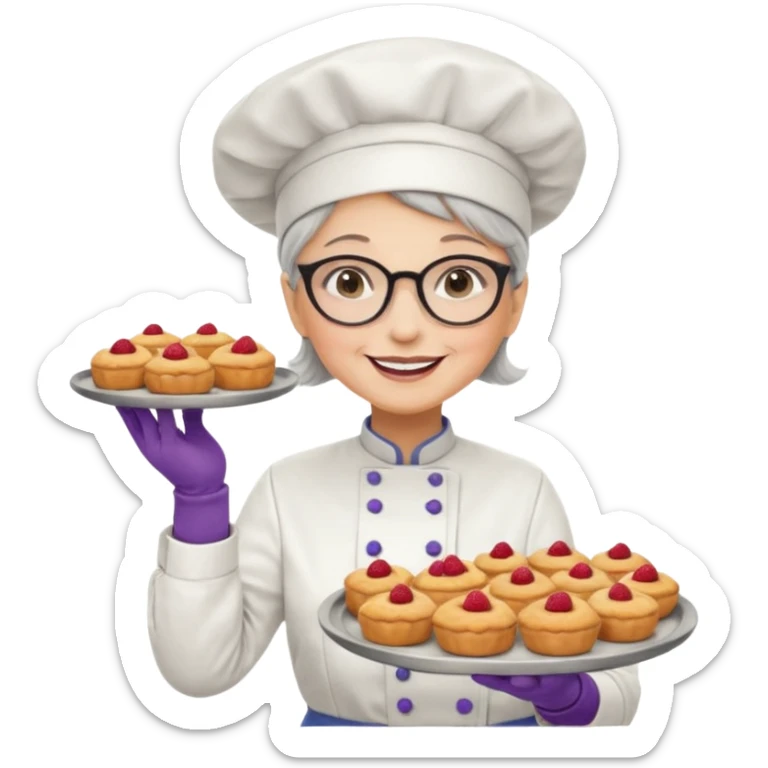 Older female pastry chef – round glasses, oven mitts on, holding a tray of pastries.

 sticker