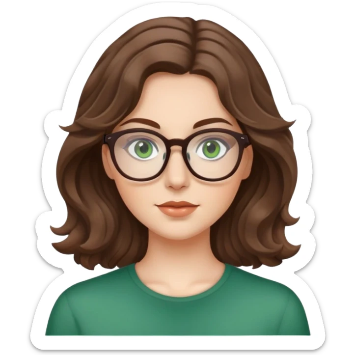 White girl with medium length brown wavy hair, glasses, and green eyes sticker