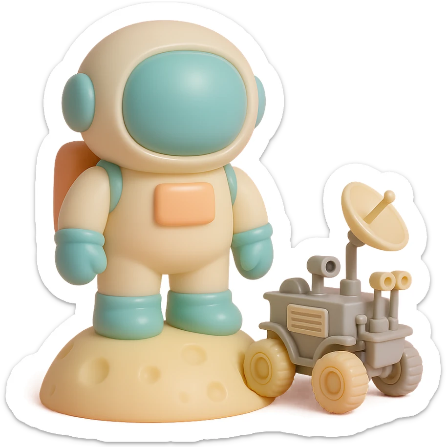 Add a detailed moon rover next to the vinyl figure style astronaut standing on the moon, keep the lunar surface details and original style sticker