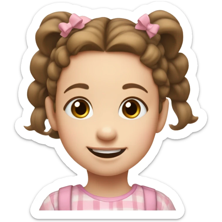 A toddler girl with 2 tiny pig tails on top of her hair with tiny bows, fair skin, blue eyes,  brown hair, smiling, wearing a pastel shirt sticker