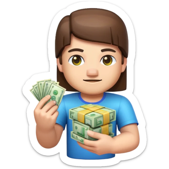 emoji style icon, minecraft blocky character holding a stack of money, pixel art style, bright colors, simple background, 3D glossy emoji, centered composition, soft shadow, high detail, clean outline, white background sticker