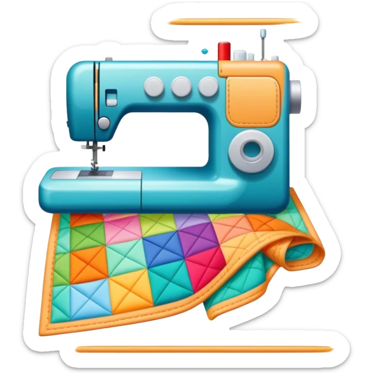 Patchwork and quilting icon, colorful fabric patches sewn together in a quilt pattern, sewing needle and thread, quilting tools like rotary cutter and quilting hoop, minimalistic style, clean lines, transparent background. sticker