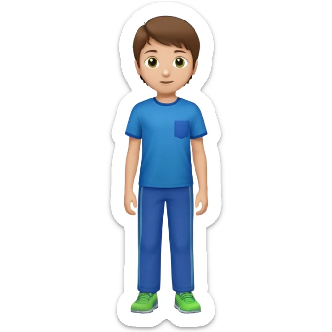 A 8 year old boy with brown hair and eyes. Blue T shirt and green pants  sticker