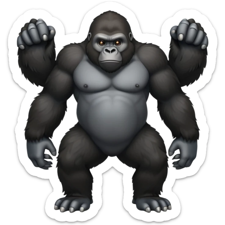cinematic-friendly cute gorilla-realistic-full-body-crouched on all fours-emoji,-broad-and-powerful-frame-poised-with-confidence,-massive-arms-hanging-slightly-forward,-head-tilted-thoughtfully,-thick-black-fur,-deep-dark-eyes-full-of-intelligence,-simplified-yet-realistic sticker