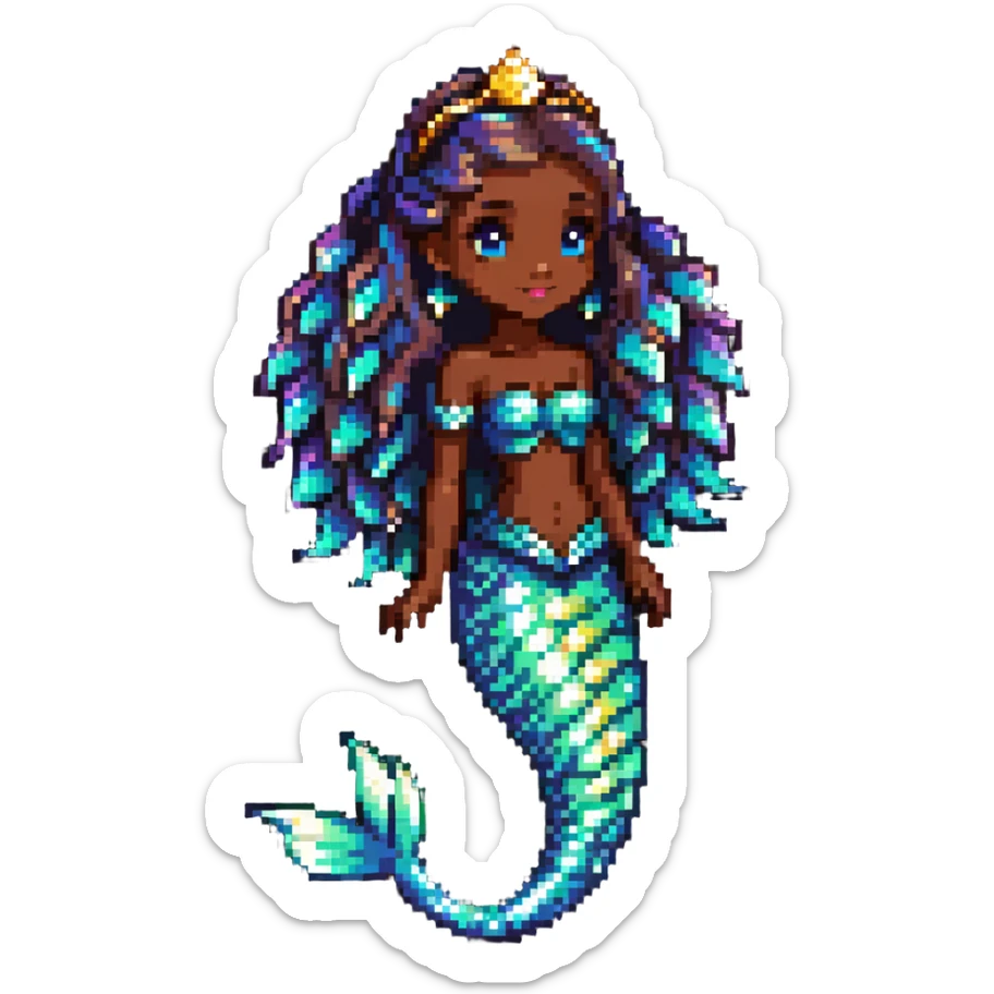Mermaid princess with dark brown skin and shimmering iridescent tail scales sticker