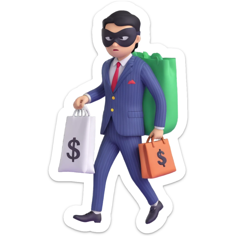 A thief with a bag of money on his back, wearing a striped suit and a black eye mask sticker