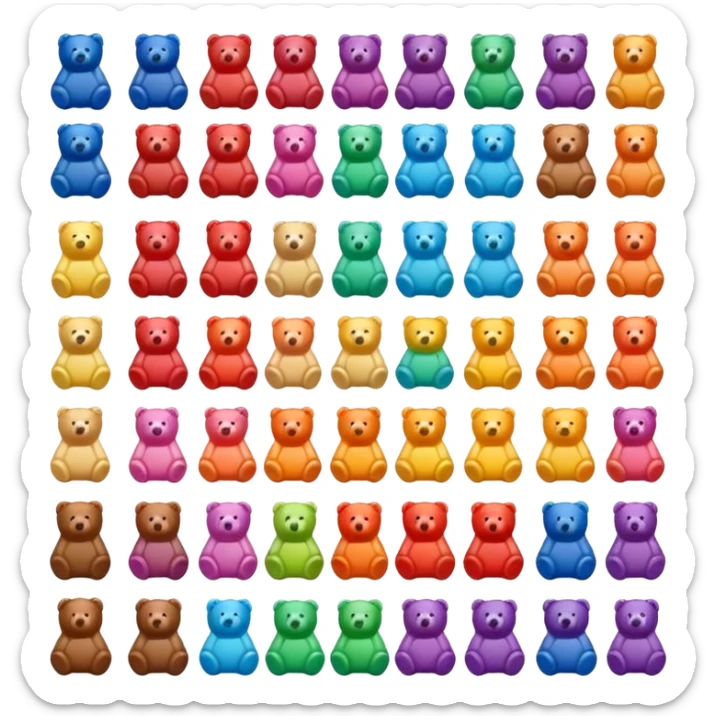Sixteen different colours of neatly arranged bear gummy sticker