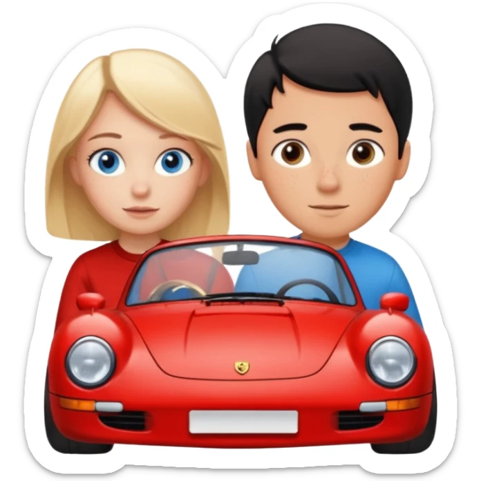 crea un emoji que sea una pareja, una chica rubia con pecas en la cara & los ojos azules & un chico con el pelo negro lindo con ojos cafés que haya un porsche rojo  sticker