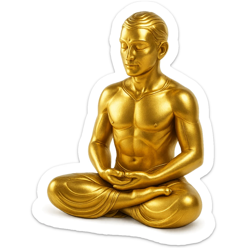 stylized gold figure of a man meditating in the lotus position, serene expression, gold objects style sticker