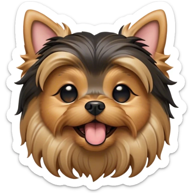 Cinematic Cute Yawning Yorkshire Terrier Portrait Emoji, Head tilted with a playful, drowsy expression and droopy, adorable eyes, featuring a soft, well-groomed fur in rich hues, simplified yet irresistibly endearing, highly detailed, glowing with a warm, cozy radiance, high shine, exuding a relaxed yet spunky charm, styled with a gentle, soft glowing outline, capturing the essence of a Yorkshire Terrier mid-yawn that seems as if it could cuddle right off the screen! sticker
