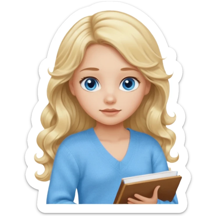 make me an emoji of a blonde girl studying, wear a baby blue v-neck knit jumper and no glasses with long curled hair blue eyes and no blackboard sticker
