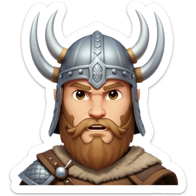Clash of Clans aesthetic: Cinematic Fierce Viking Portrait Emoji, Poised and bold with a rugged yet stylized build, wearing a simple horned helmet and sporting a neatly trimmed beard, his face rendered in a natural skin tone, intense eyes reflecting fierce determination, Simplified yet dynamic features, highly detailed, glowing with a cool, battle-ready radiance, high shine, brave and resolute, stylized with an air of ancient Nordic valor, focused and commanding, soft glowing outline, capturing the essence of a fearless Viking adventurer ready to set sail on epic quests! sticker