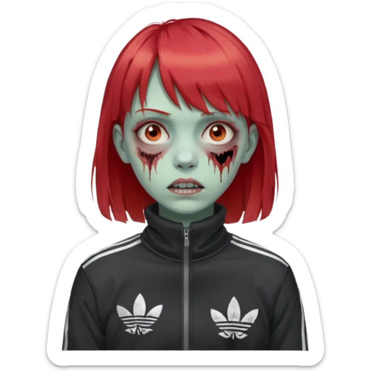 Crie um emoji de uma menina com o cabelo vermelho com uma franja reta zumbi casaco de gola alta da adidas sticker