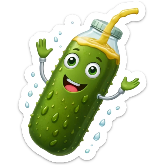 a cartoon pickle with juice squirting from the top of it, being squeezed by a hand sticker