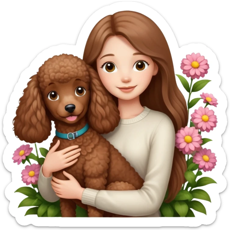 A beautiful girl with long straight hair happily hugs a brown poodle in the flowers sticker