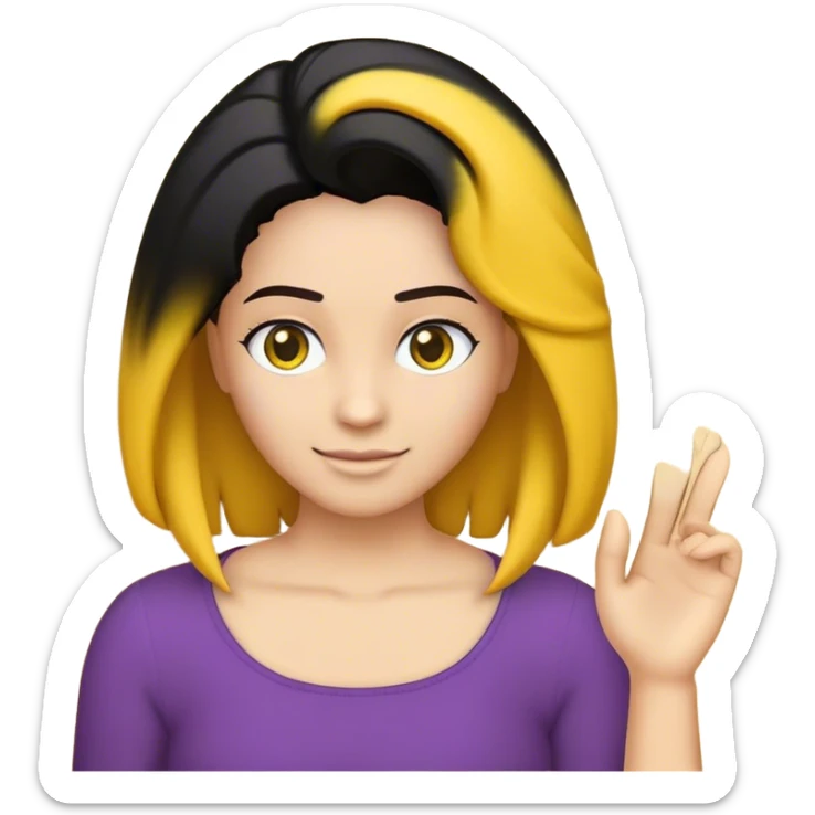 "Crie um emoji de rosto amarelo com contorno preto grosso, cabelo espetado roxo e contorno preto. Expresse desdém com sobrancelhas erguidas e sorriso de escárnio. Mãos mostram dedo do meio com unhas azuis e contorno preto. Fundo verde claro. Estilo de desenho à mão, vibrante." sticker