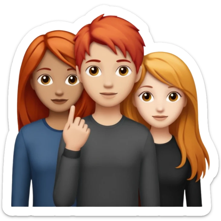 Can you create an image of 3 friends together one with red bright hair light skin one the other with brown hair with some blonde highlights in the hair fair skin the last one with light brown a tint of orange hair and black long hair sticker