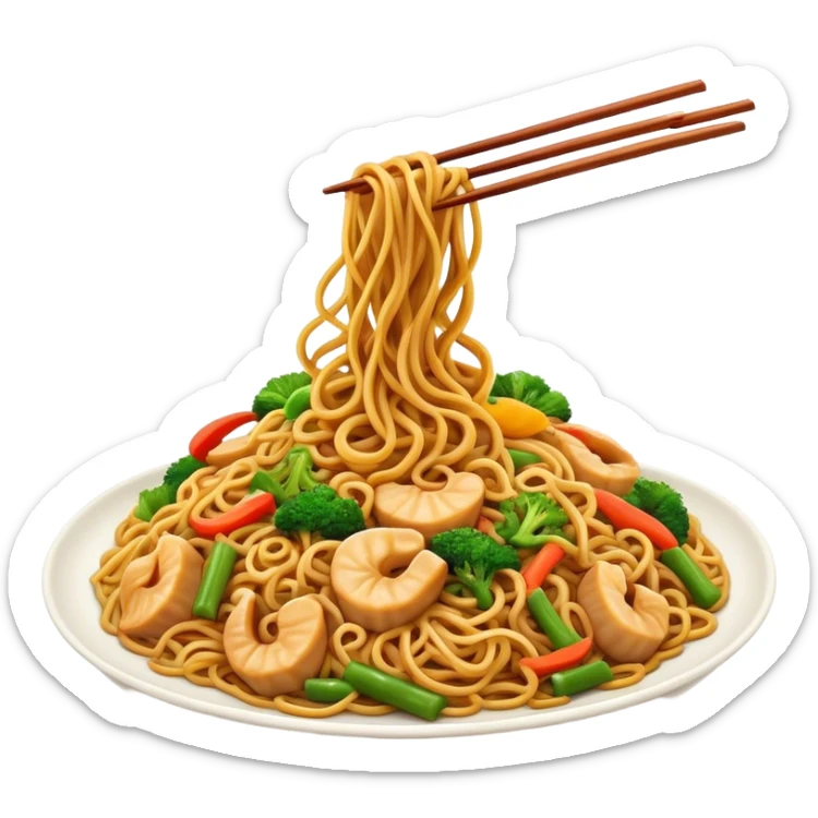 Cinematic Realistic Chow Mein Dish Emoji, showcasing stir‚Äêfried noodles with crisp vegetables and tender meat, rendered with lifelike detail and vibrant, dynamic lighting. sticker