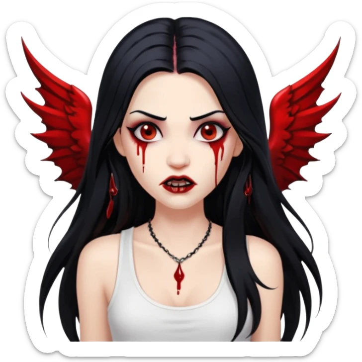 White woman with a white tank top long black hair glossy middle part long hair vamp look with fangs or blood dripping down lips brown eyes eyeliner winged with lashes top and bottom white border sticker