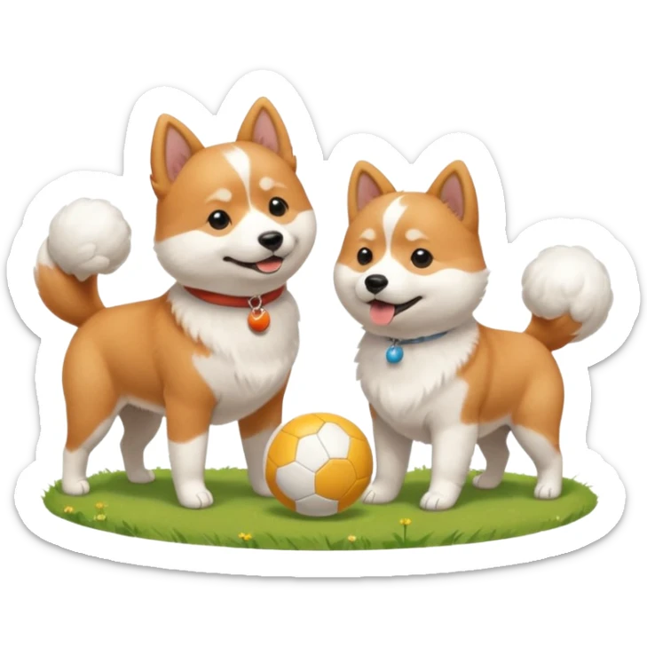 2 dogs, one ginger shiba inu and one white coton de tulear, playing with a ball in a sunny garden sticker