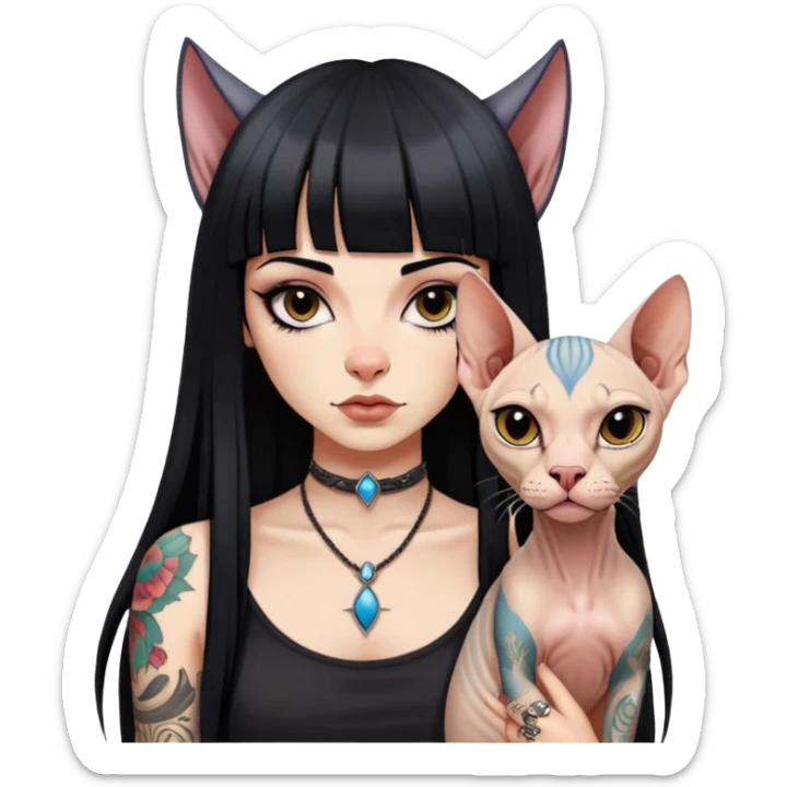 girl with long black  straight bangs hair and tattoos and a Sphynx sticker