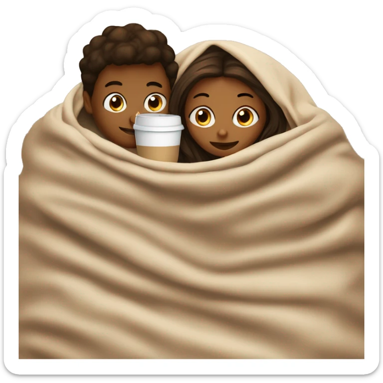 TAN SKIN GIRL AND BROWN SKIN BOY inside a blanket sipping coffee sticker
