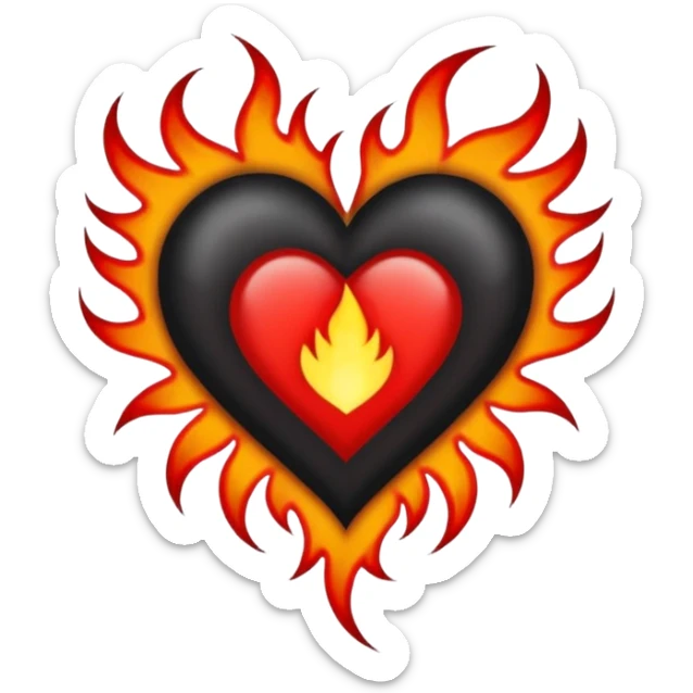 Black and red heart with small flames and no flames in the center  tattoo style sticker