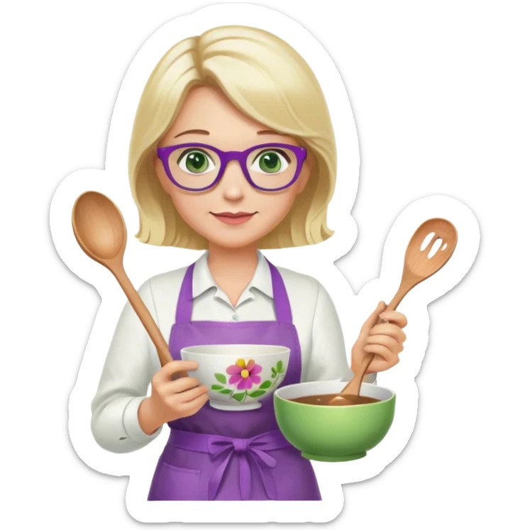middle aged woman with shoulder length blonde hair, purple glasses, green eyes, wearing a flower apron, holding a bowl in one hand and a mixing spoon in the other sticker