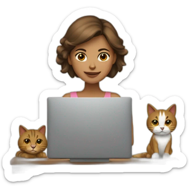 Mujer con pelo largo color castaño junto a un computador y un gato rayado sticker