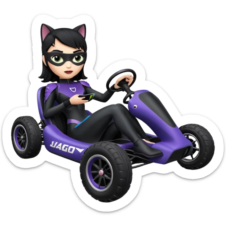 full size real-appearance electric road Lego racing sexy CatWoman’s feminine midnight-colored tight outfit sixty’s tv show dark stealthy accurate sporty safe plush deluxe off-road pursuit drifting car jaguar (black hair,reclined and relaxed torso and shoulders back seating position) cross kart  sticker