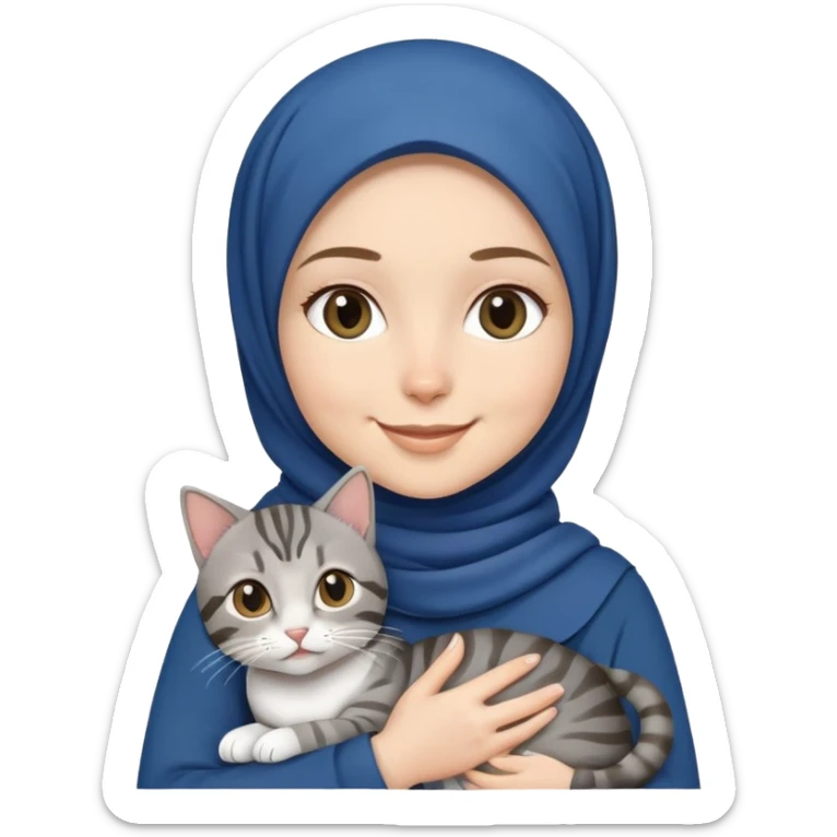 White girl wearing dark blue hijab with white shirt smiling while holding a black grey tabby cat sticker