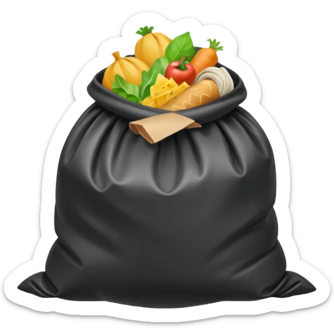 emoji-style icon of a trash bag leaking food waste, flies and stink lines, unsanitary, clear at small size, no text sticker